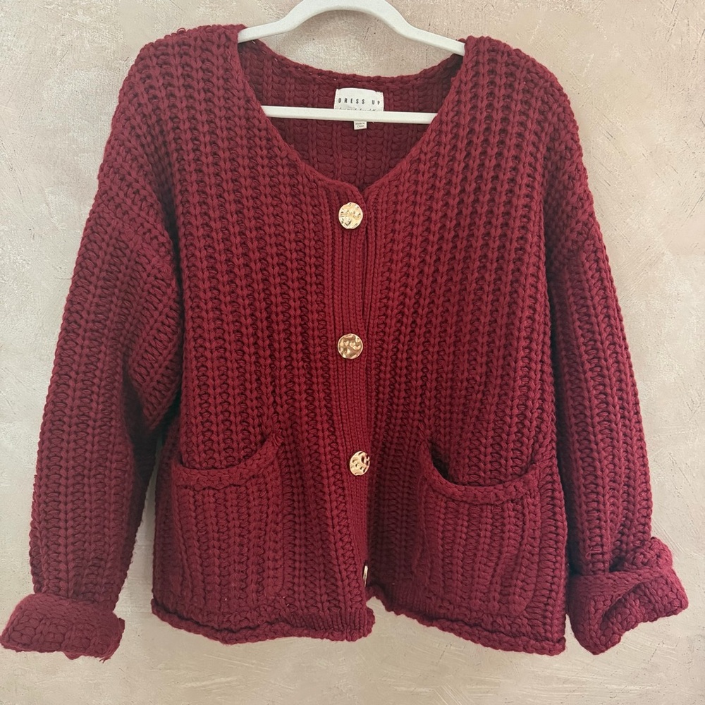 Textured Knit Button-Front Cardigan Sweater - Burgundy